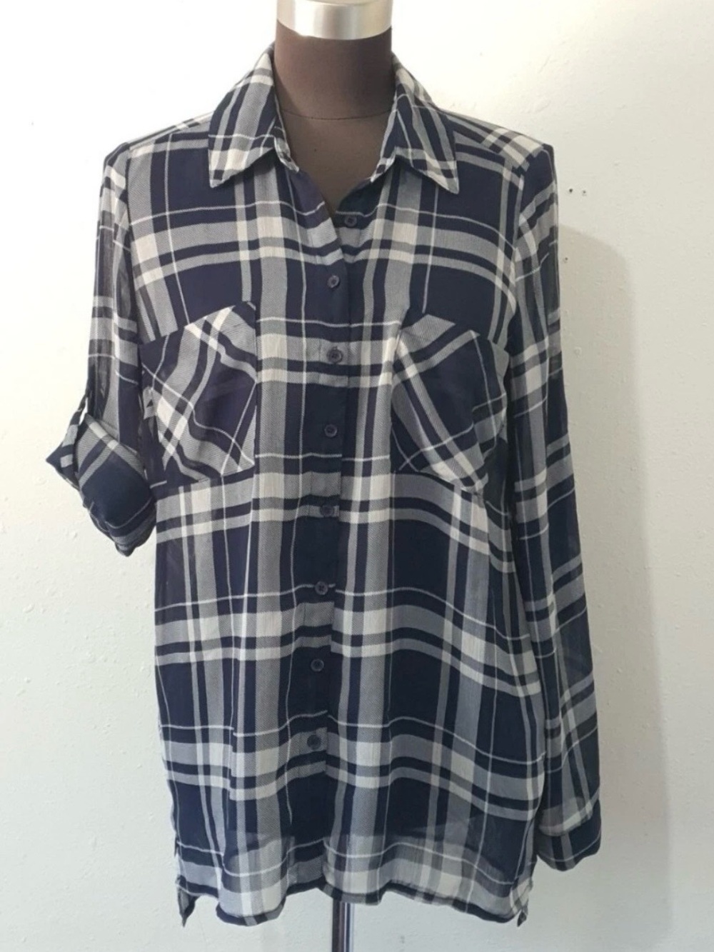 Band Of Gypsies Navy Plaid Sheer Blouse Tab Roll Tab Sleeves